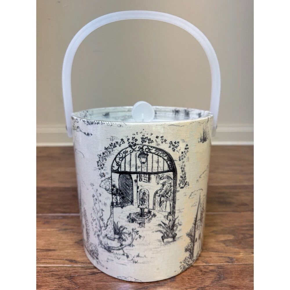 VINTAGE - ICE BUCKET Lidded with Handle, Toile New Orleans Print Fabric, Acrylic